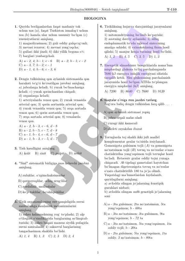 Biologiya fani bo‘yicha test savollari