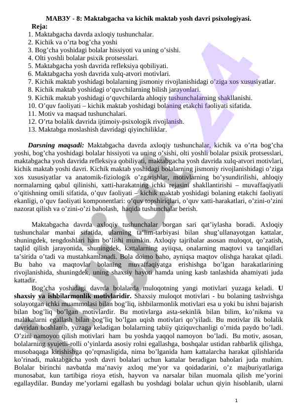 Maktabgacha va kichik maktab yosh davri psixologiyasi
