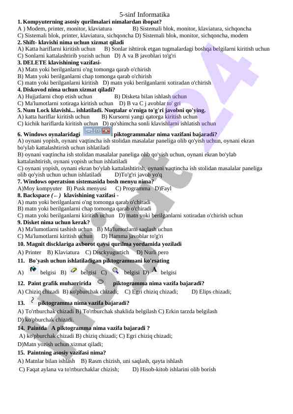 5-sinf informatika savollari va javoblari