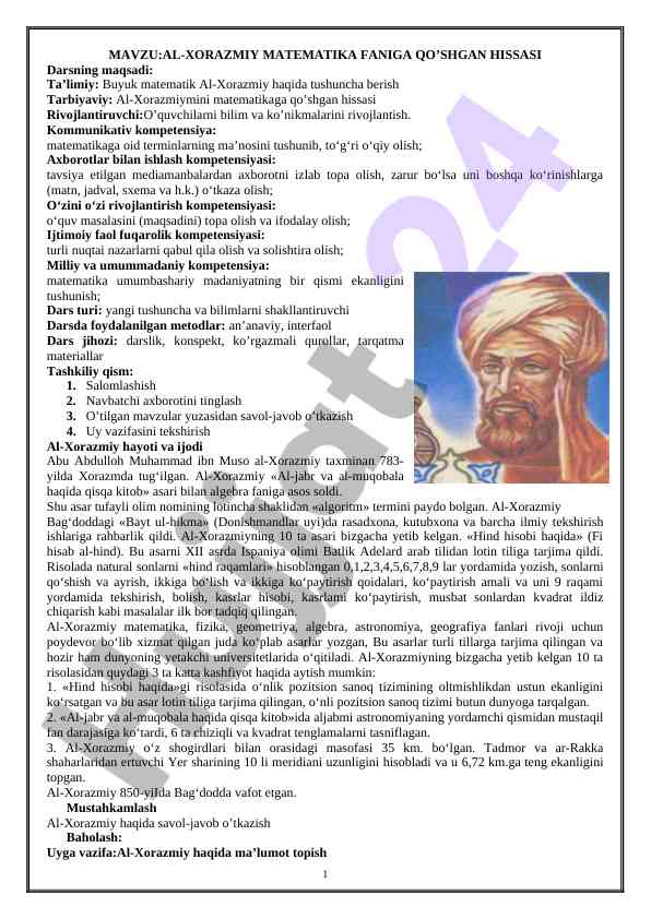 Al-xorazmiy matematika faniga qo’shgan hissasi