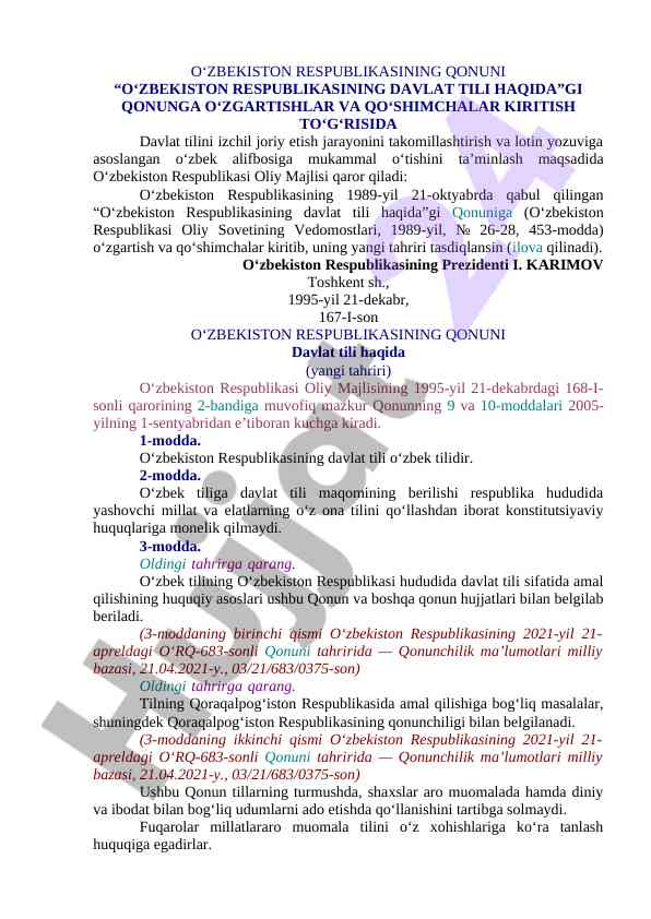 O'zbekiston respublikasi davlat tili haqida qonun
