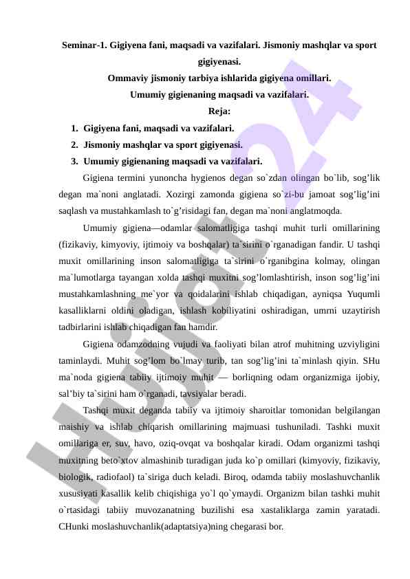 Gigiyena fani va uning maqsadlari bilan vazifalari