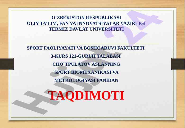 Sport biomexanikasi va o‘lchov metodikalari taqdimoti