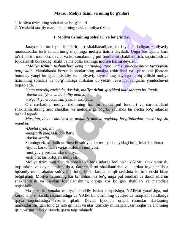 Moliya tizimi va bo‘g‘inlari: sohalar