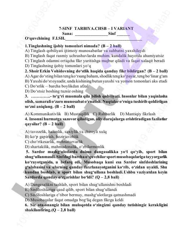 Tarbiyaning asosiy tamoyillari testi