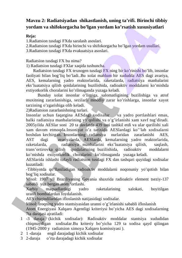 Radiatsiyadan shikastlanish va birinchi tibbiy yordam