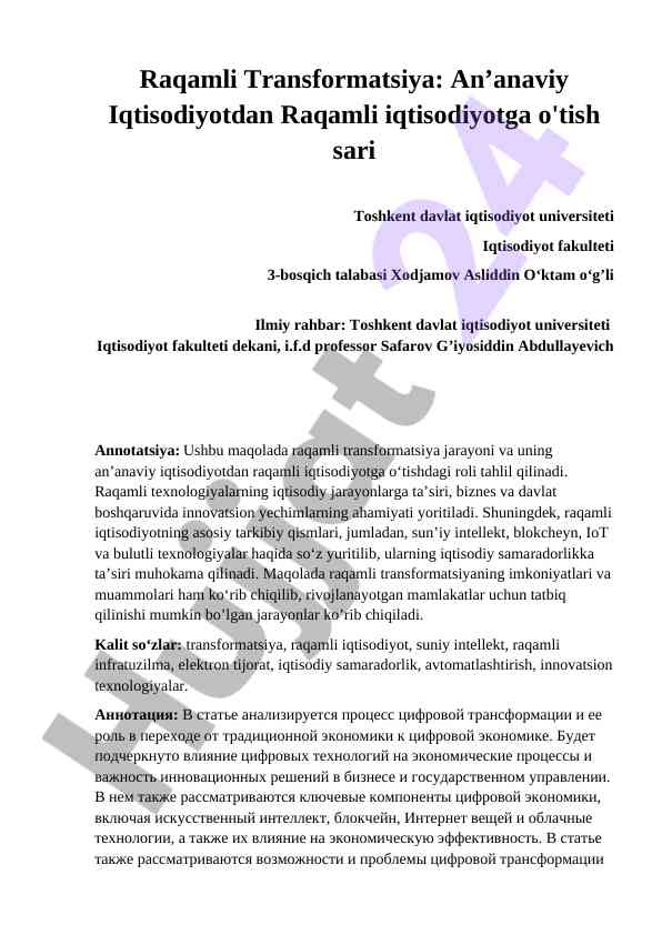 Raqamli transformatsiya an’anaviy iqtisodiyotdan o‘tish