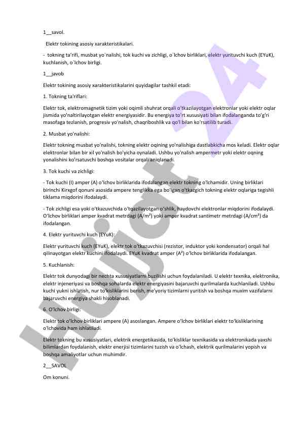 Elektr tokining asosiy xarakteristikalari