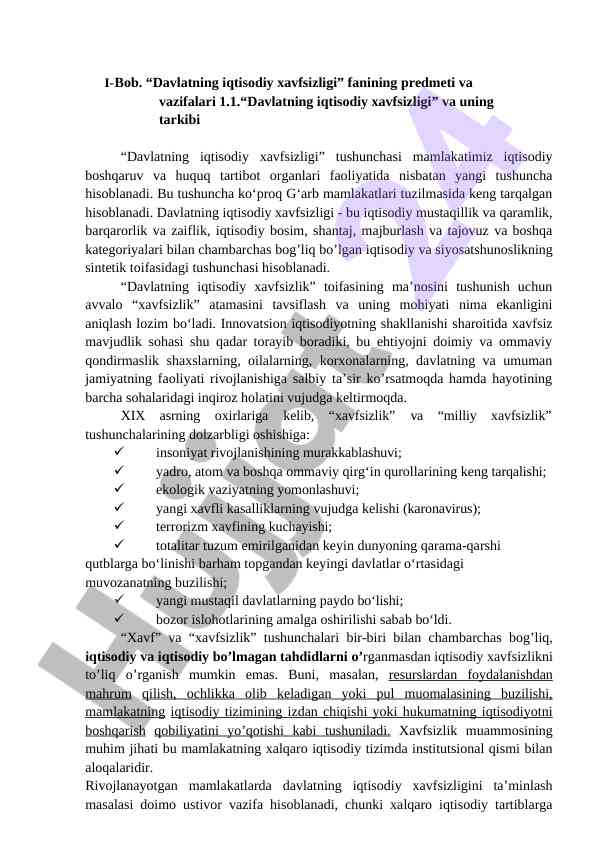 Davlatning iqtisodiy xavfsizligi va uning tarkibi