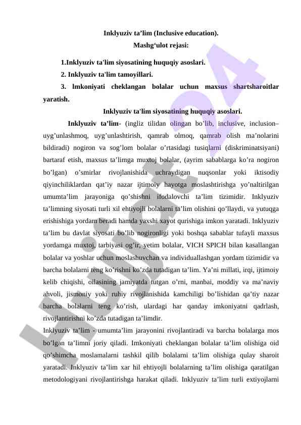 Inklyuziv ta'lim tamoylari va rejalari