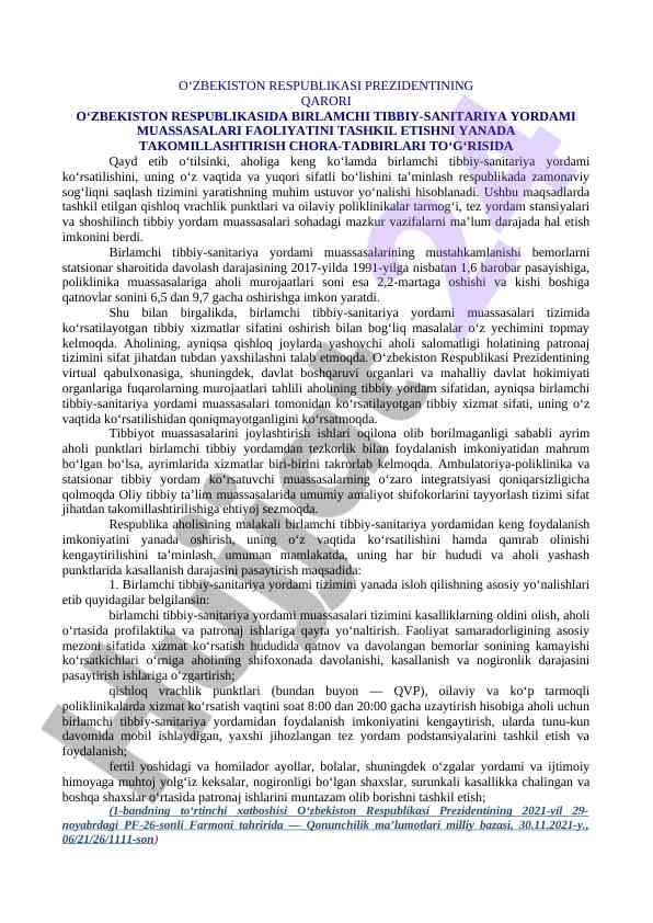 Tibbiy sanitariya yordami faoliyatini takomillashtirish