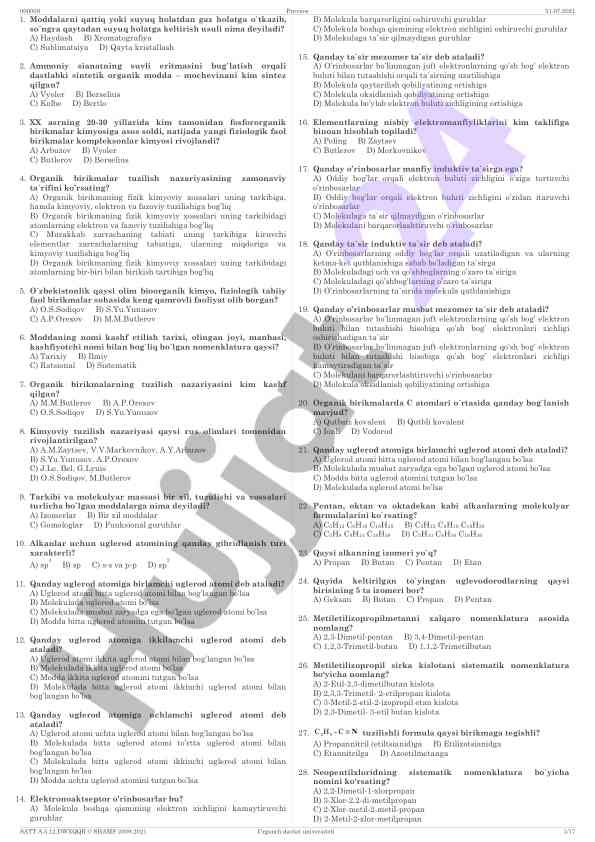 Kimyo fanida test savollari va javoblari