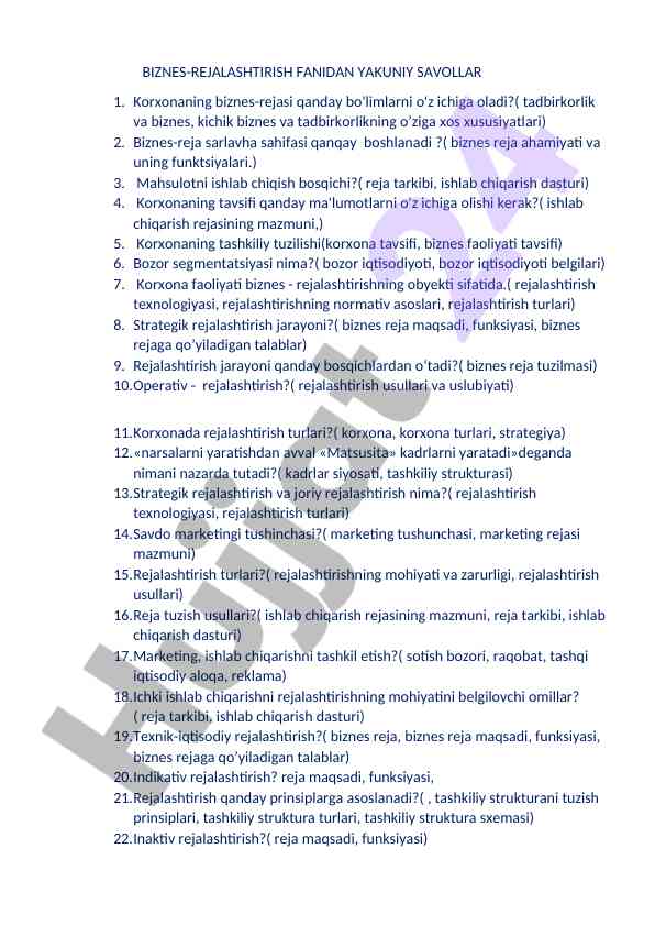 Biznes-rejalashtirish fanidan yakuniy savollar