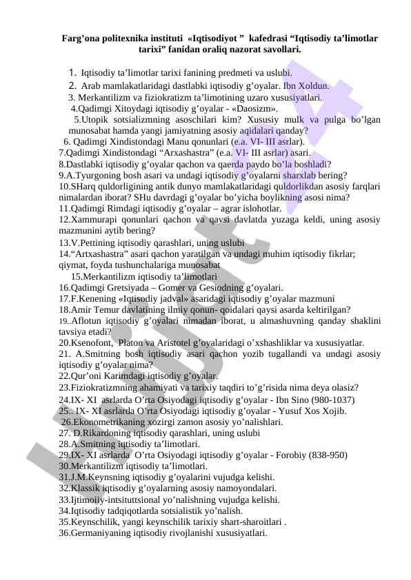 Iqtisodiy ta’limotlar tarixi oraliq nazorat savollari