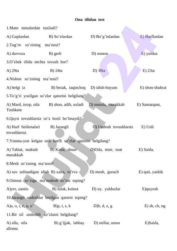Ona tilidan test savollari va javoblari