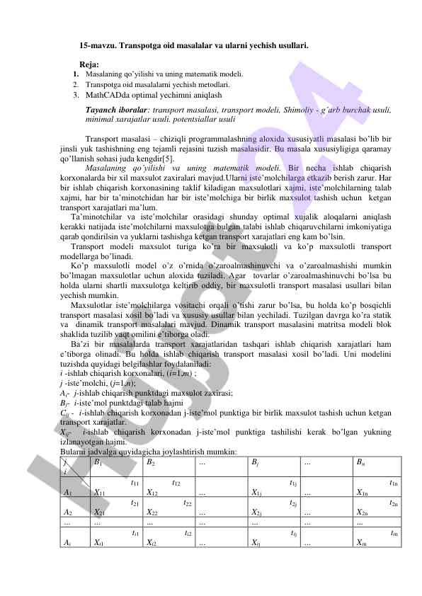 Transportga oid masalalar va ularni yechish usullari
