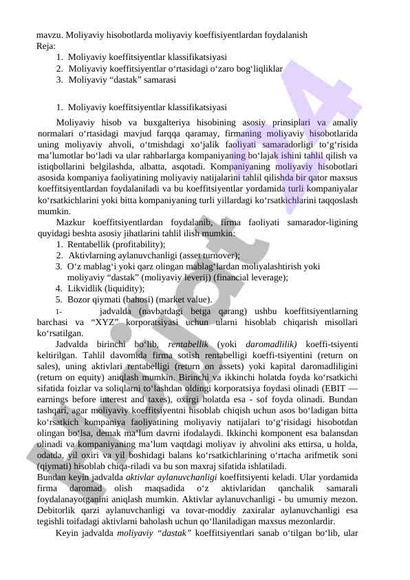 Moliyaviy hisobotlarda moliyaviy koeffisiyentlar tahlili