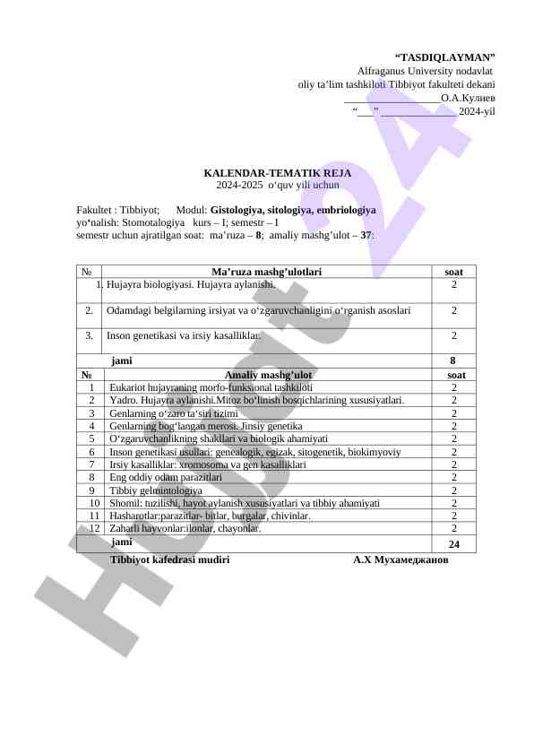 Kalendar-tematik reja 2024-2025 o‘quv yili