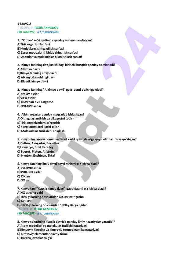 Kimyo faniga doir test savollari