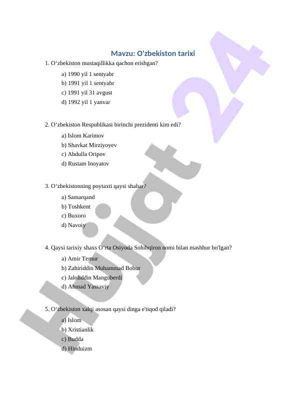 O'zbekiston tarixi bo'yicha test savollari