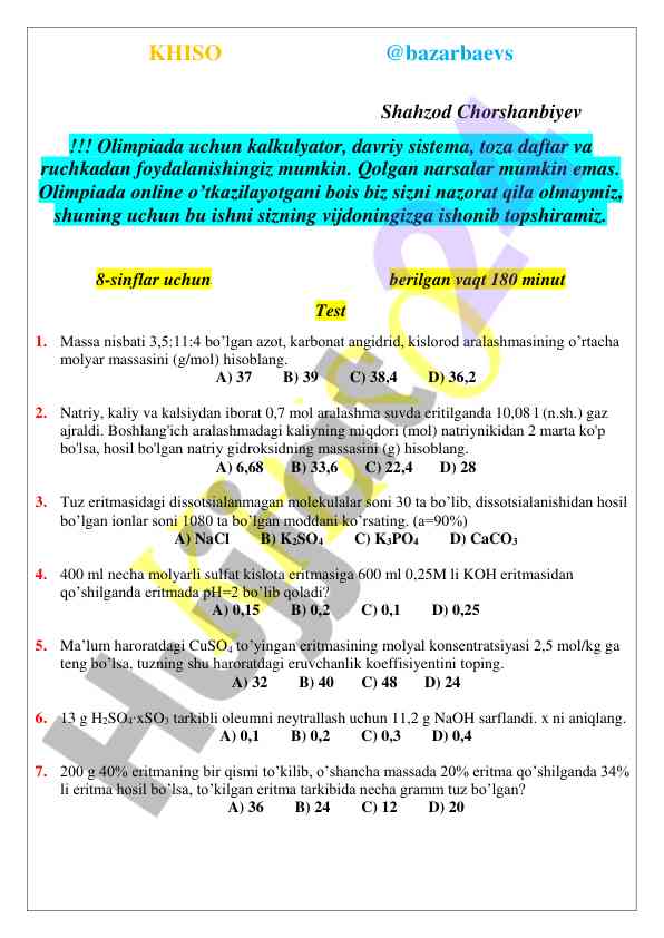 Olimpiada uchun kimyo test masalalari