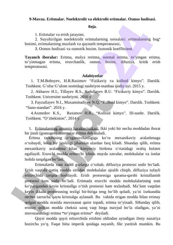 Eritmalar va elektrolitlar haqida ma'lumotlar