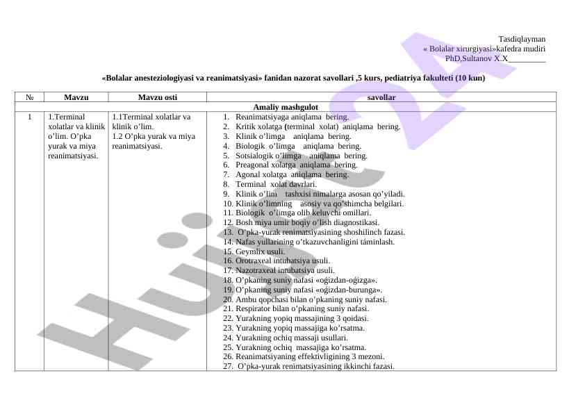 Bolalar anesteziologiyasi va reanimatsiyasi nazorat savollari