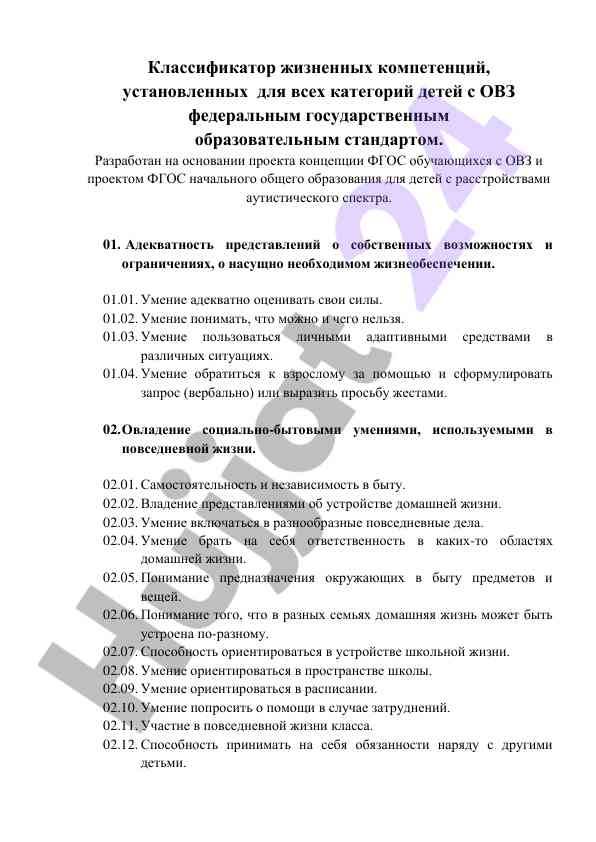 Klassifikator zhiznennykh kompetentsiy dlya detey s ovz