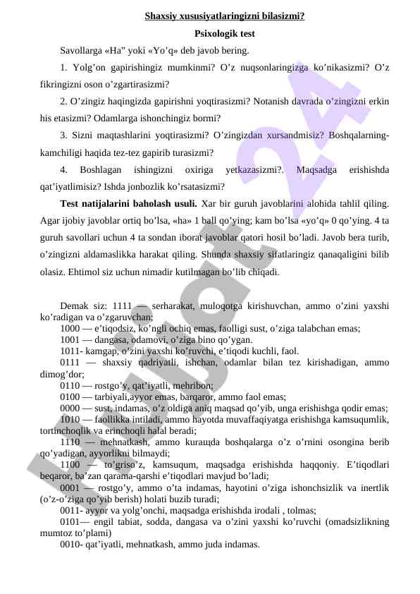 Psixologik Test: Shaxsiy Xususiyatlaringizni Bilasizmi?