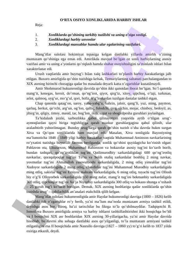 Oʻrta osiyo xonliklarida harbiy ishlar tahlili