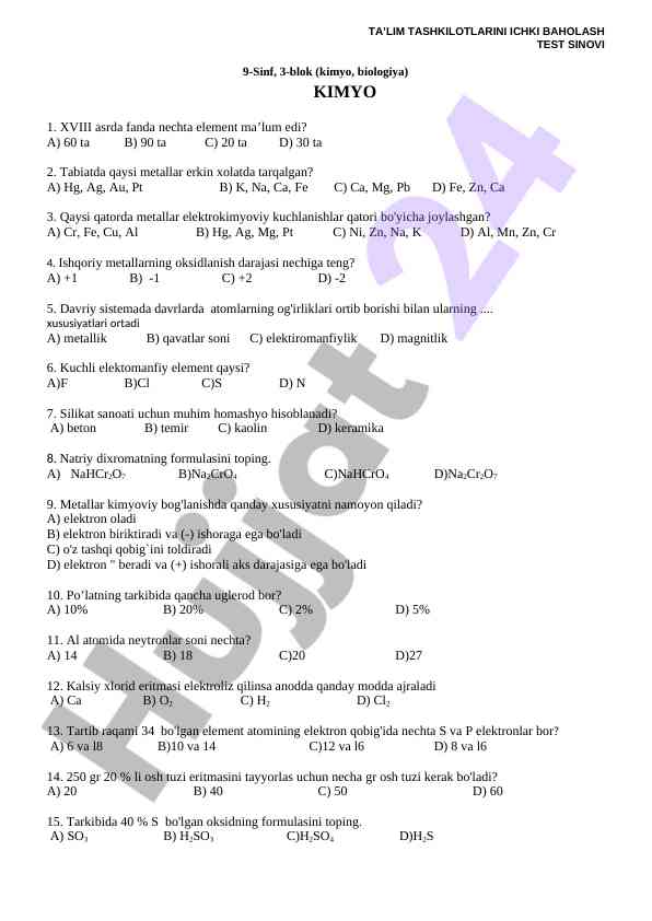 9-sinf kimyo test savollari