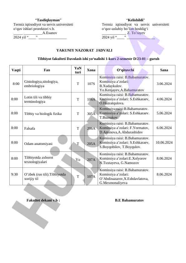 Yakuniy nazorat jadvali davolash ishida