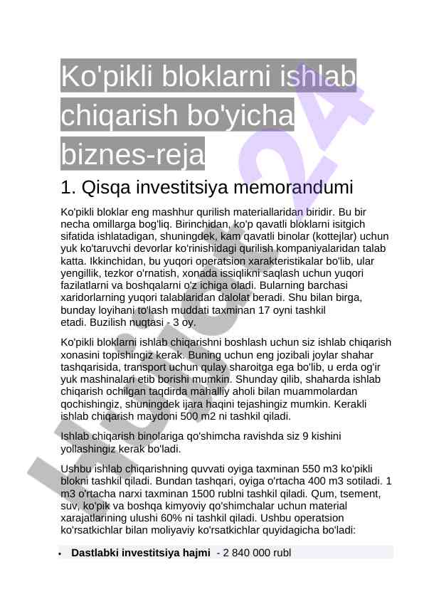 Ko'pikli bloklarni ishlab chiqarish bo'yicha biznes-reja