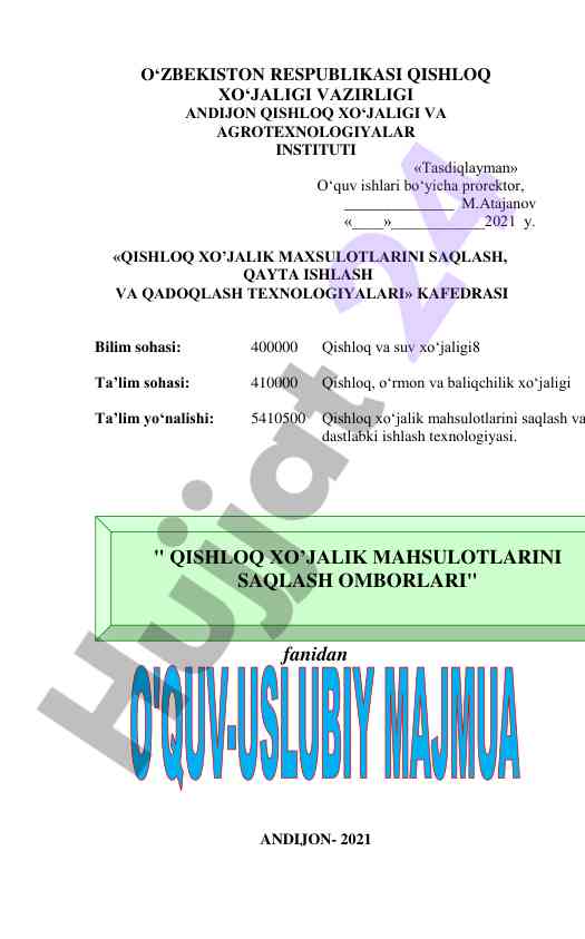 Qishloq xo‘jalik mahsulotlarini saqlash texnologiyalari