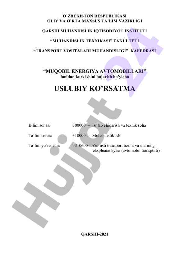 Muqobil energiya avtomobillari kurs ishiga uslubiy ko'rsatma