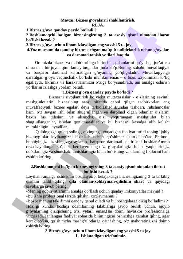 Biznes g‘oyalarni shakllantirish rejasi