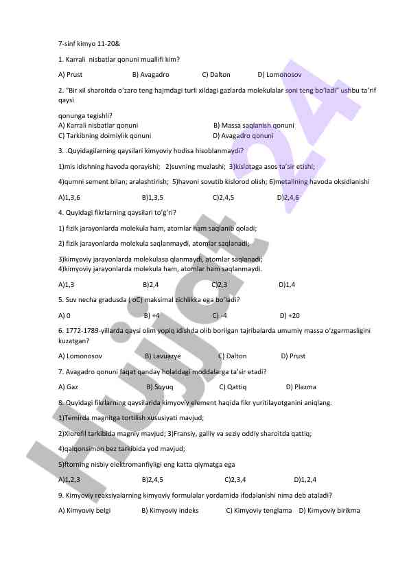 7-sinf kimyo savollar testi