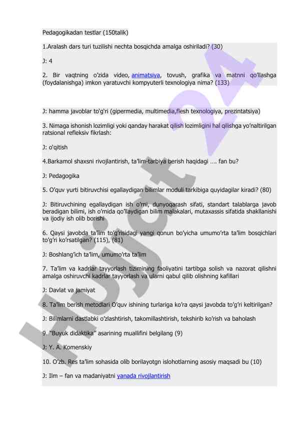 Pedagogika fanidan testlar to‘plami