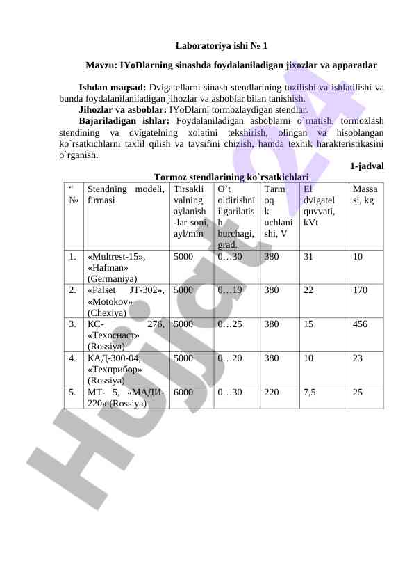 Dvigatellarni sinashda foydalaniladigan jihozlar