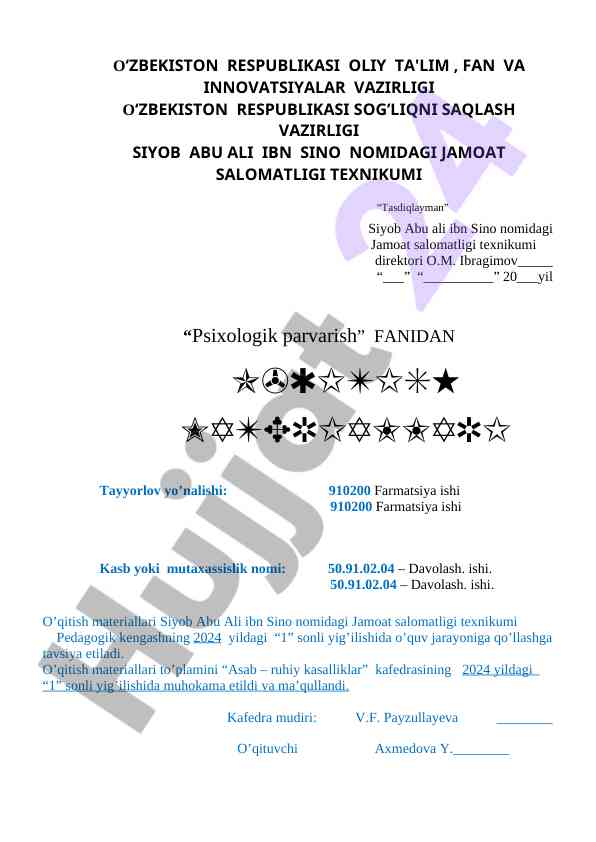 Psixologik parvarish fanidan o‘qitish materiallari