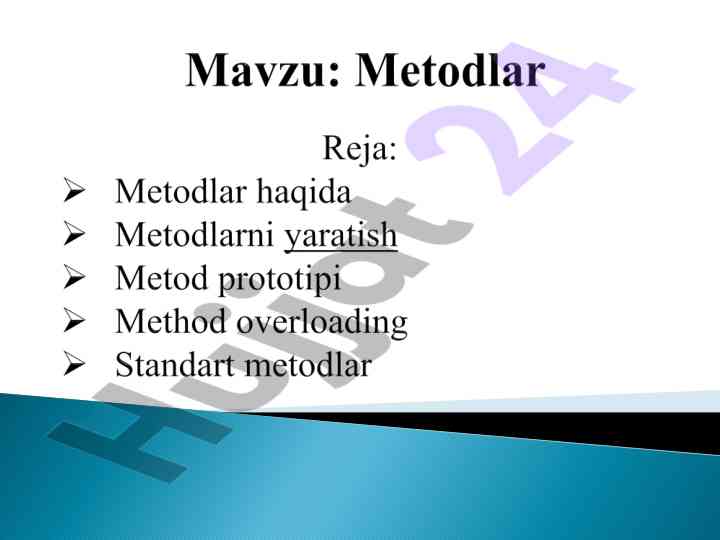 Metodlar bilan ishlash: asosiy qoidalar va misollar