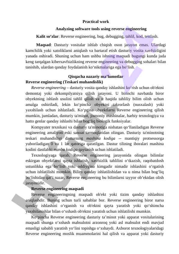 Reverse engineering va debugging dasturlarda tahlil
