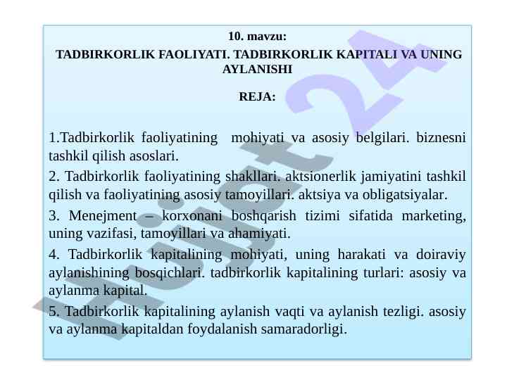Tadbirkorlik faoliyati va uning aylanishi