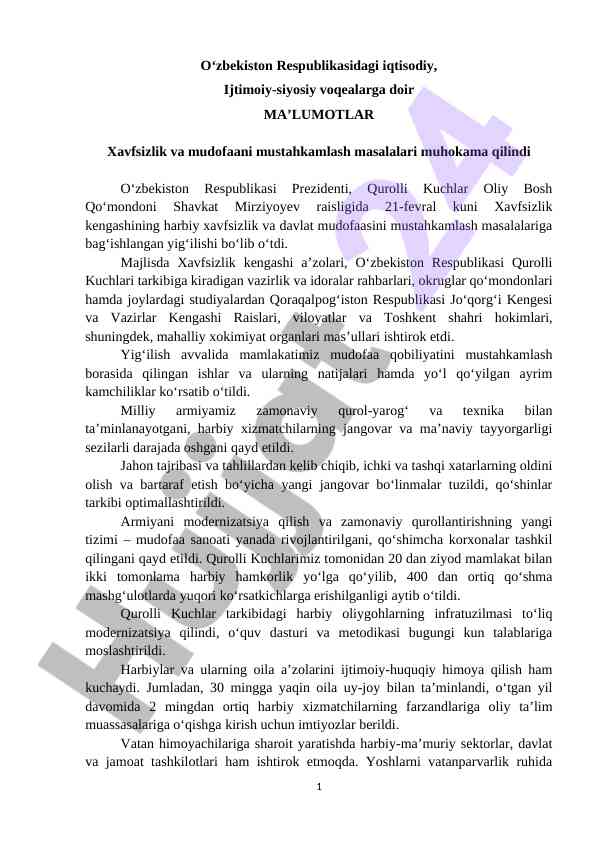Xavfsizlik kengashi yig‘ilishi natijalari