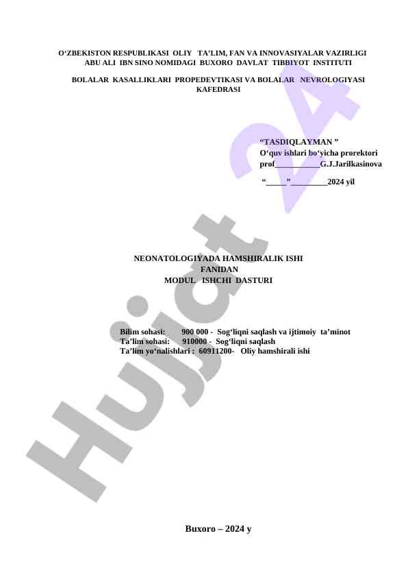 Neonatologiya fanidan modul ishchi dasturi