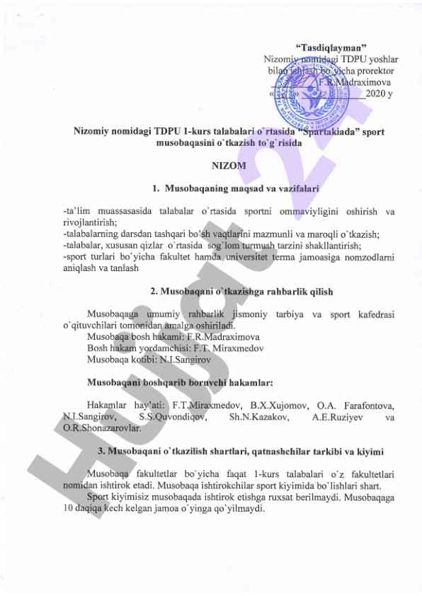 Talabalar o'rtasida sport musobaqasini o'tkazish nizomi