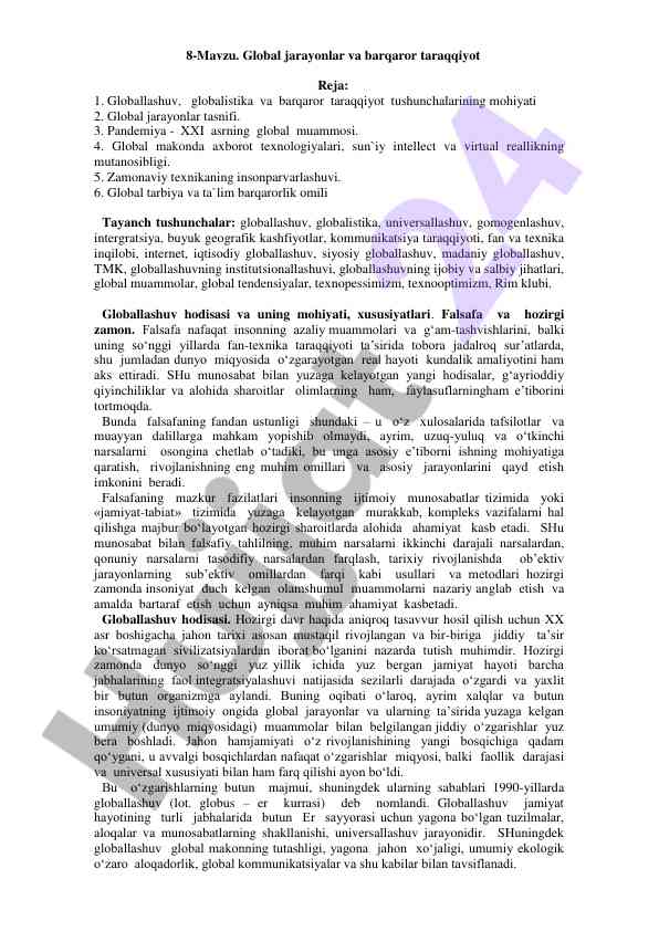 Global jarayonlar va barqaror taraqqiyot tushunchalari