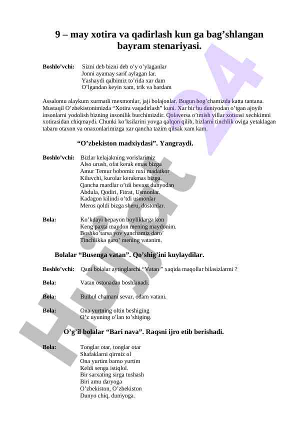 Xotira va qadirlash kuni bayram stenariyasi