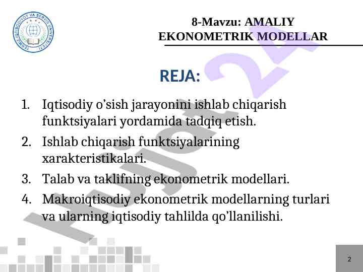 Amaliy ekonometrik moddellar va iqtisodiy o'sish