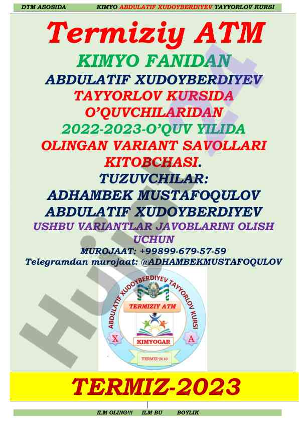 Kimyo tayyorlov kursi savollari kitobchasi 2023